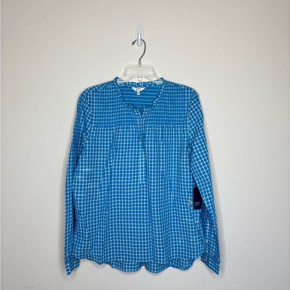 BN3 Blue Gingham Ruffle Pleated Top‎ Business Casual Preppy XL Crown & Ivy NWT